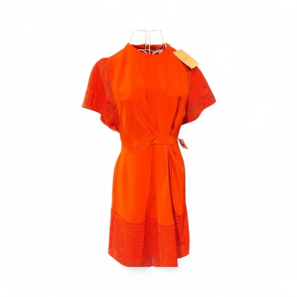 NWT Pearl Red Orange Midi Dress with Flutter Lace Sleeves